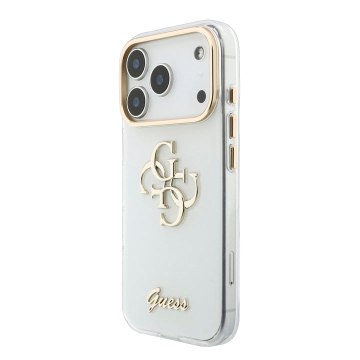 Wit Guess telefoonhoesje met groot 4G-logo en goudkleurig schriftlogo, schuin van achteren
