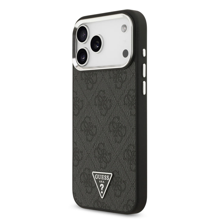 Zwart Guess telefoonhoesje met 4G-patroon en driehoekslogo, schuin van achteren
