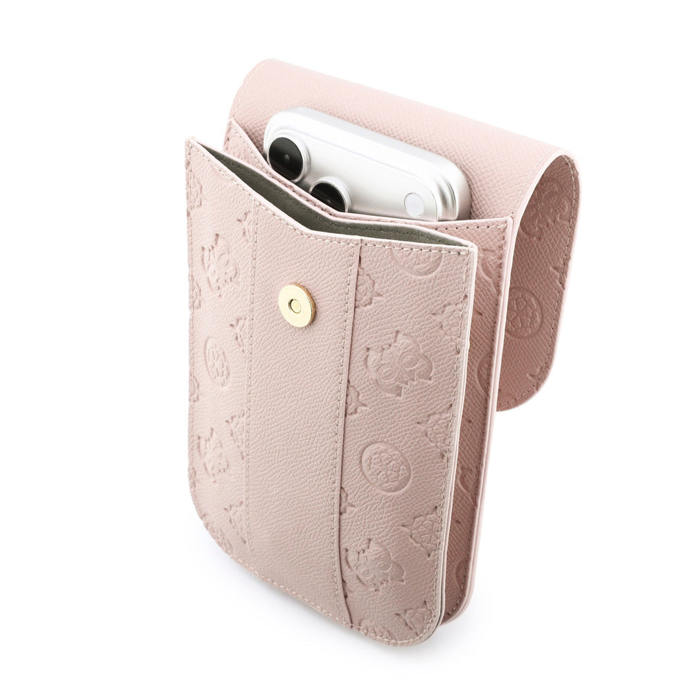 Geopende roze Guess telefoontas met telefoon en drukknoop