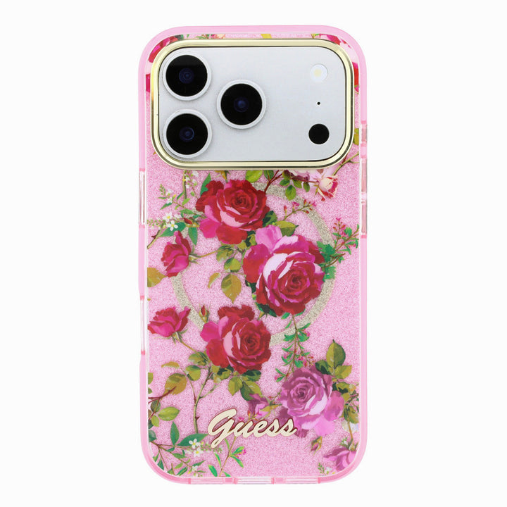 Roze Guess telefoonhoesje met rozenprint, glitters, ring en schriftlogo, van achteren