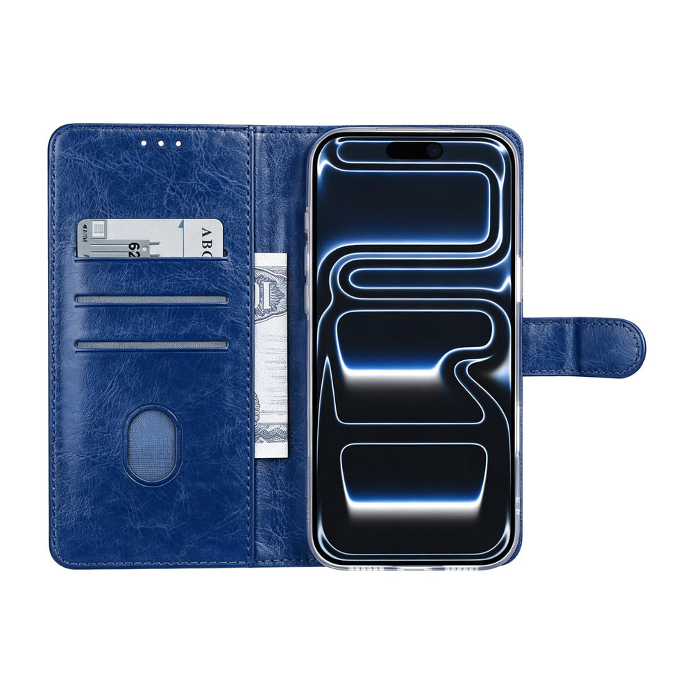 Geopende blauwe TUNIQ bookcase met kaartvakken, geldvak en telefoon