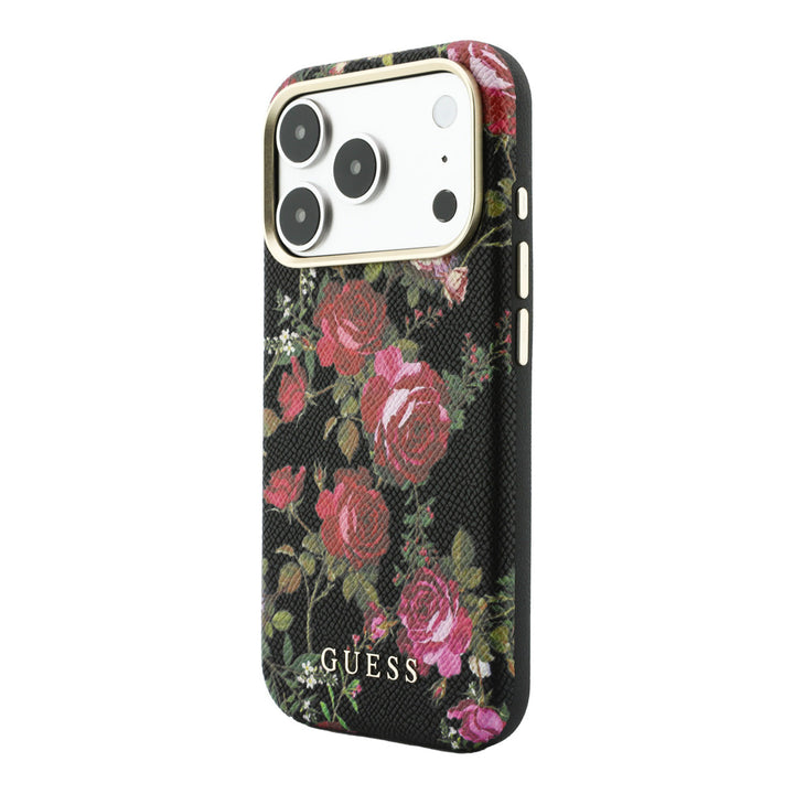 Zwart Guess telefoonhoesje met rozenprint en logo, schuin van achteren