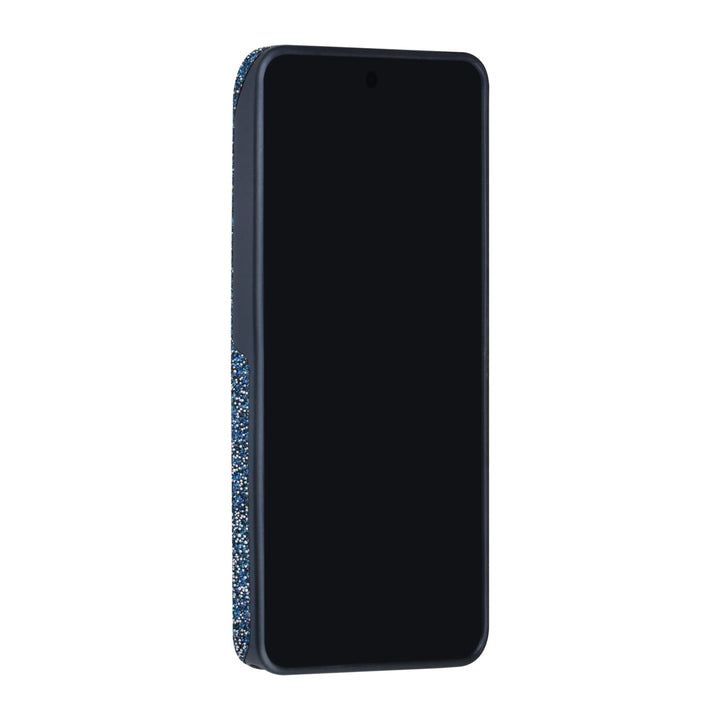Blauw TUNIQ telefoonhoesje, van voren op een telefoon
