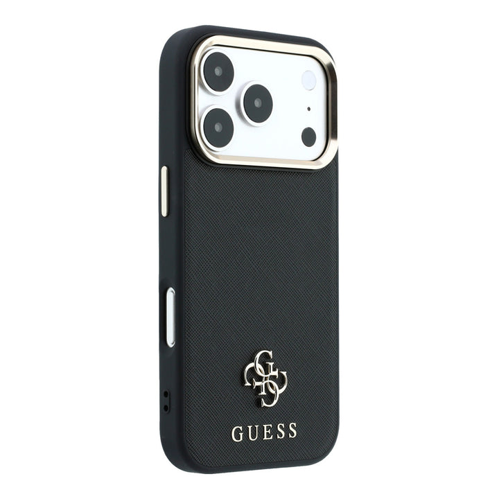 Zwart Guess telefoonhoesje met klein 4G-logo en schriftlogo, schuin van achteren