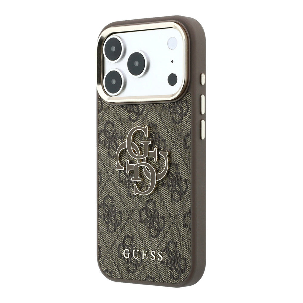 Bruin Guess telefoonhoesje met 4G-patroon en groot 4G-logo, schuin van achteren
