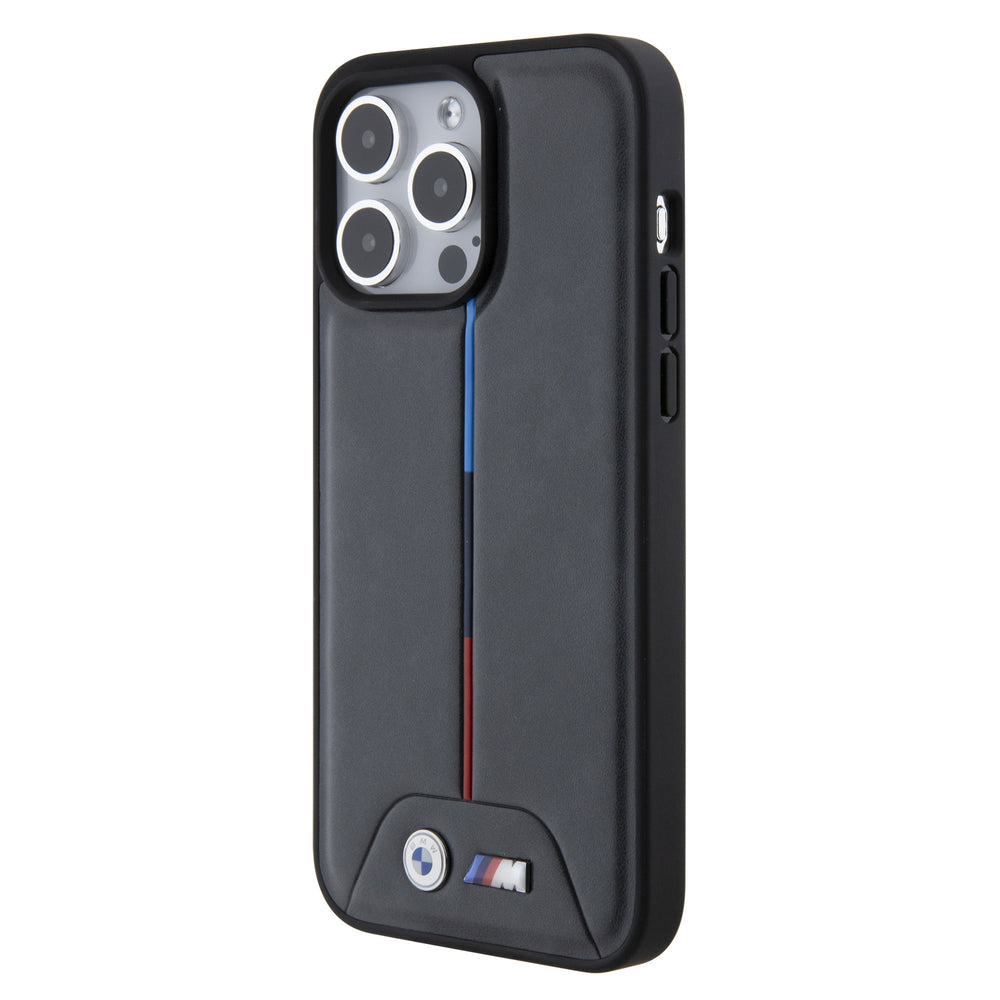 Zwart BMW M telefoonhoesje met rode en blauwe verticale accenten, schuin van achteren