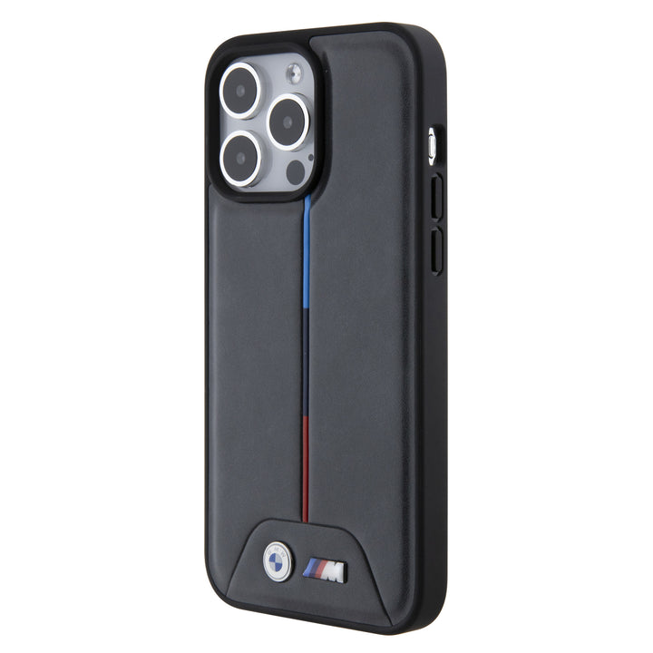 Zwart BMW M telefoonhoesje met rode en blauwe verticale accenten, schuin van achteren