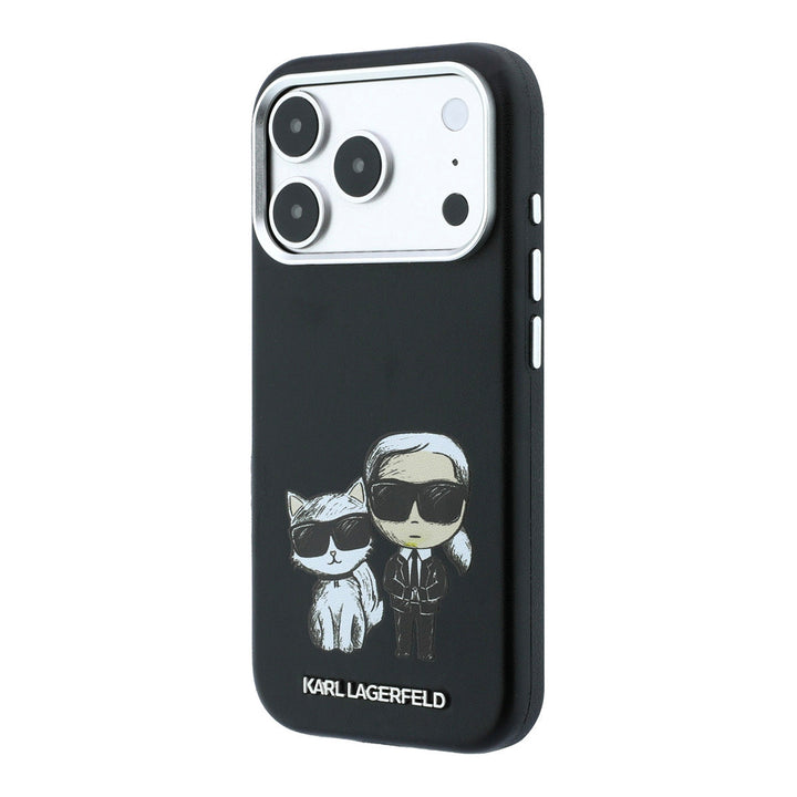 Zwart Karl Lagerfeld telefoonhoesje met figuren van Karl en Choupette, schuin van achteren