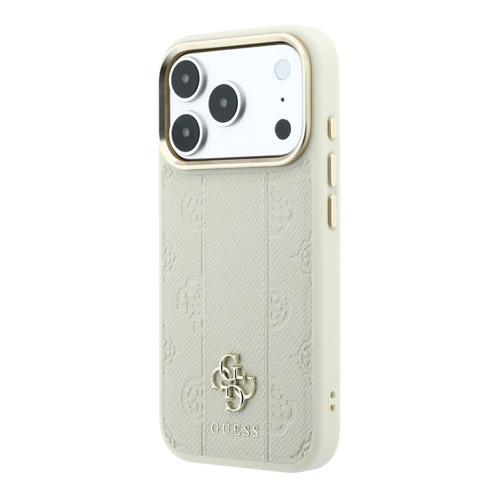 Beige Guess telefoonhoesje met bloemenpatroon, verticale banen en 4G-logo, schuin van achteren