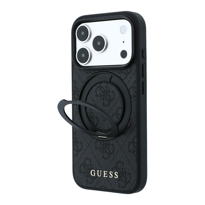 Zwart Guess telefoonhoesje met 4G-patroon met uitgeklapte ringstandaard