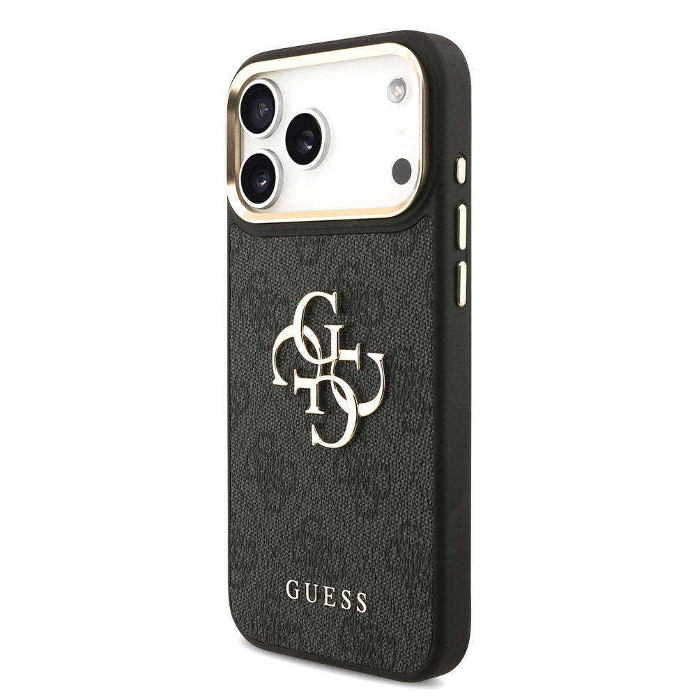 Zwart Guess telefoonhoesje met 4G-patroon en groot goudkleurig logo, schuin van achteren