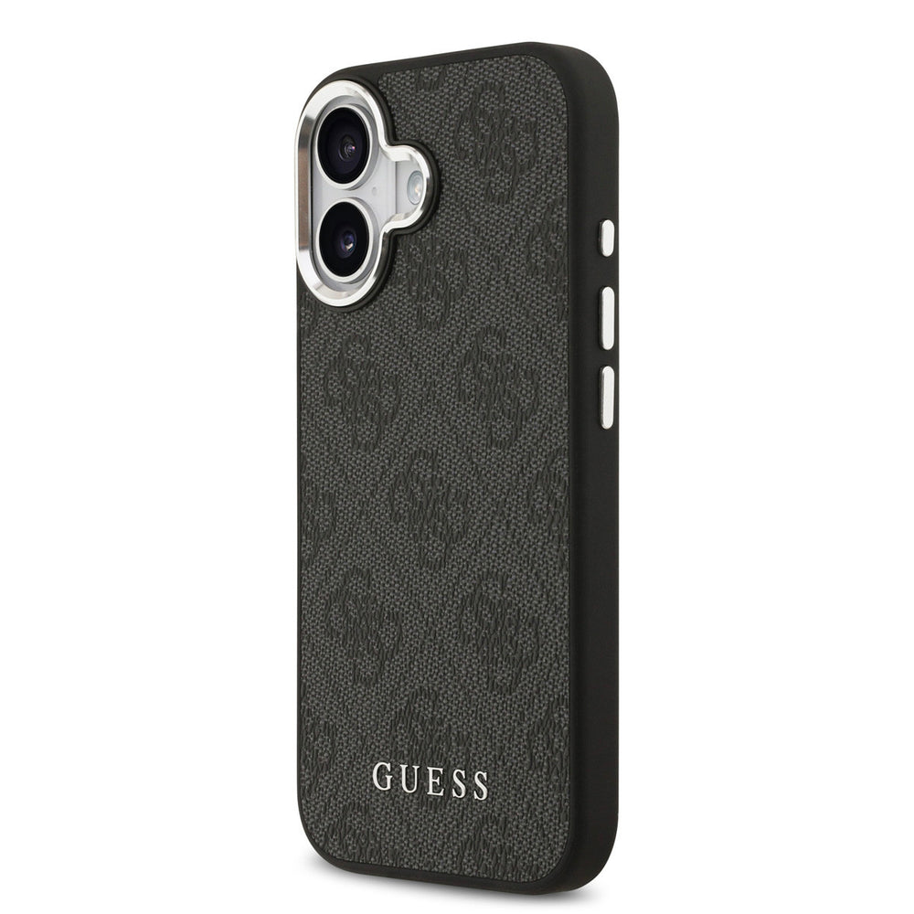 Zwart Guess telefoonhoesje met 4G-patroon en klassiek logo, schuin van achteren