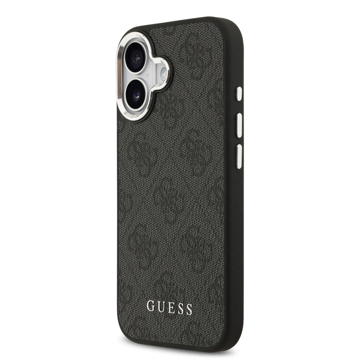 Zwart Guess telefoonhoesje met 4G-patroon en klassiek logo, schuin van achteren