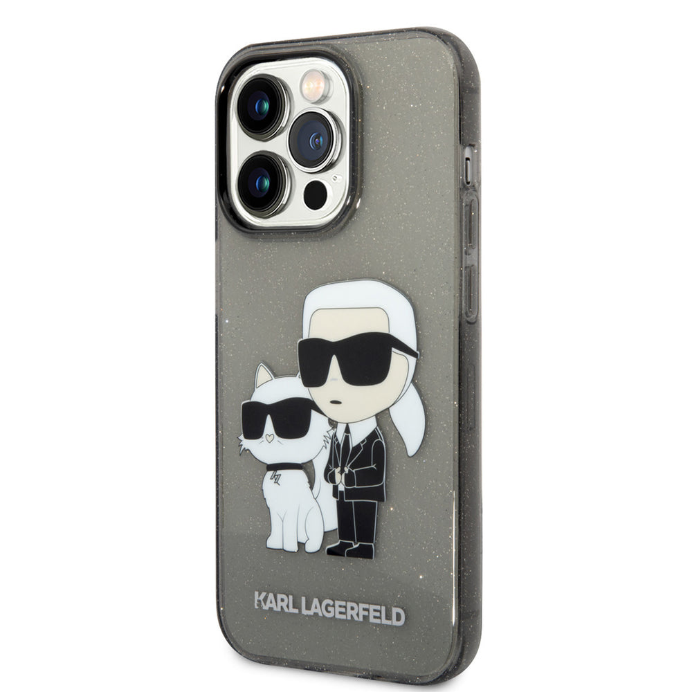 Karl Lagerfeld telefoonhoesje met glitters en figuren van Karl en Choupette, schuin van achteren
