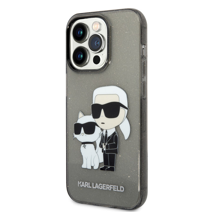 Karl Lagerfeld telefoonhoesje met glitters en figuren van Karl en Choupette, schuin van achteren