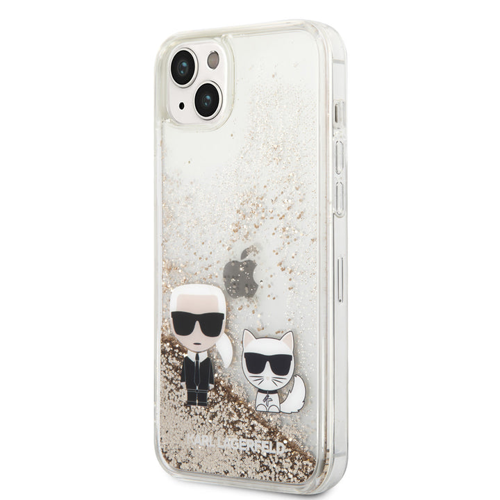 Transparant Karl Lagerfeld telefoonhoesje met goudkleurige glitters, Karl en Choupette, schuin van achteren