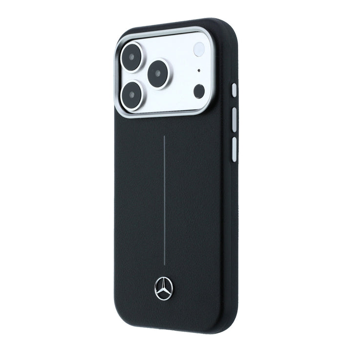 Zwart Mercedes-Benz telefoonhoesje met verticale lijn en Mercedes-logo, schuin van achteren