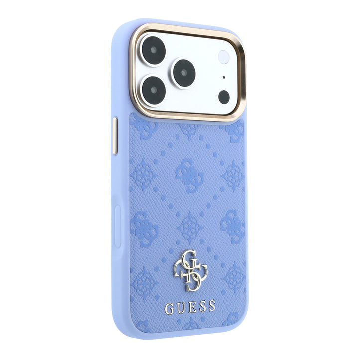Lichtblauw Guess telefoonhoesje met 4G-patroon en klein logo, schuin van achteren