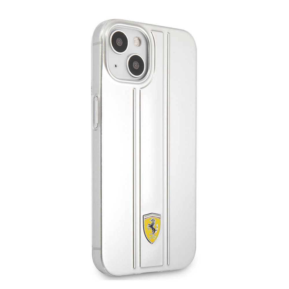 Transparant Ferrari telefoonhoesje met verticale strepen en geel schildlogo, schuin van achteren
