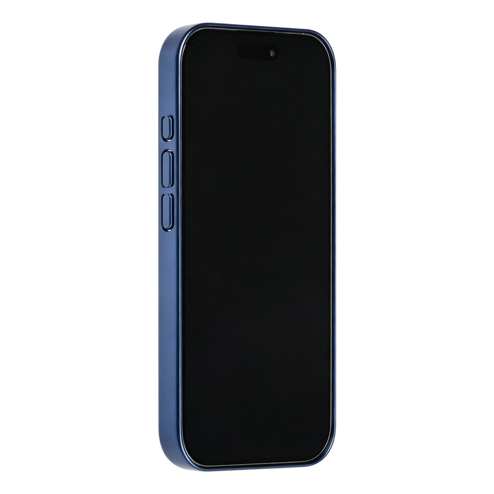 Blauw TUNIQ telefoonhoesje, van voren op een telefoon
