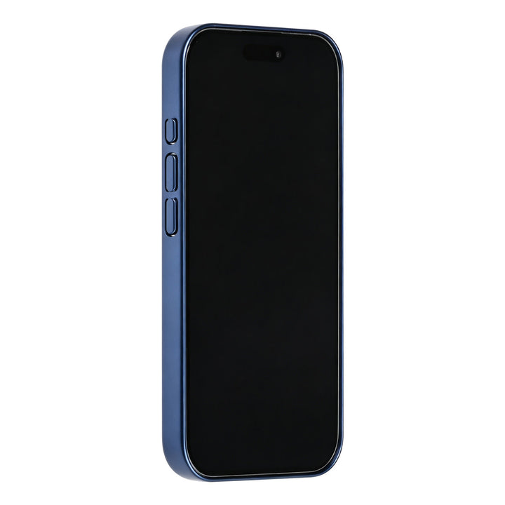 Blauw TUNIQ telefoonhoesje, van voren op een telefoon