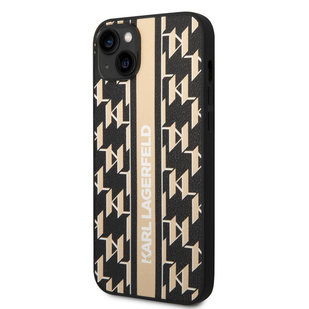 Karl Lagerfeld telefoonhoesje met goudkleurig monogram en verticale logostrook, schuin van achteren