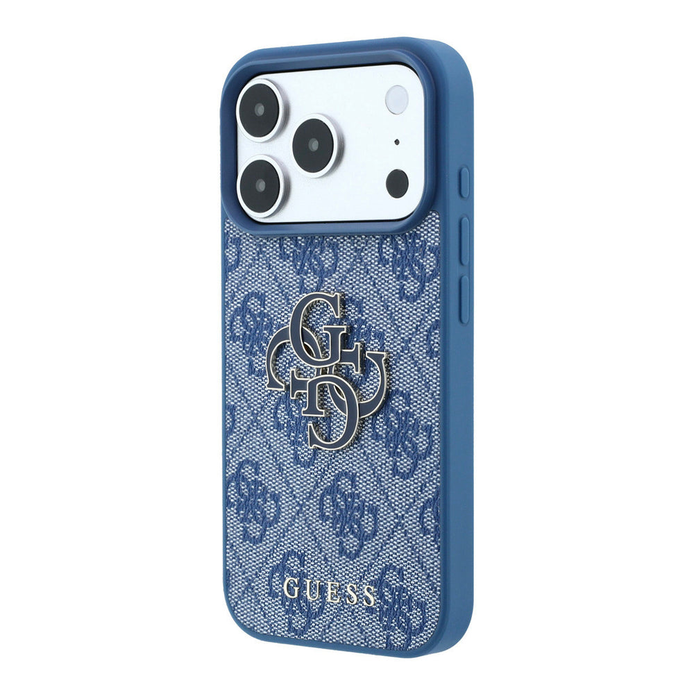 Blauw Guess telefoonhoesje met 4G-patroon en groot logo, schuin van achteren