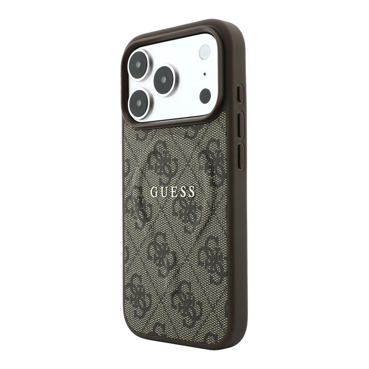 Bruin Guess telefoonhoesje met 4G-patroon en schriftlogo, schuin van achteren