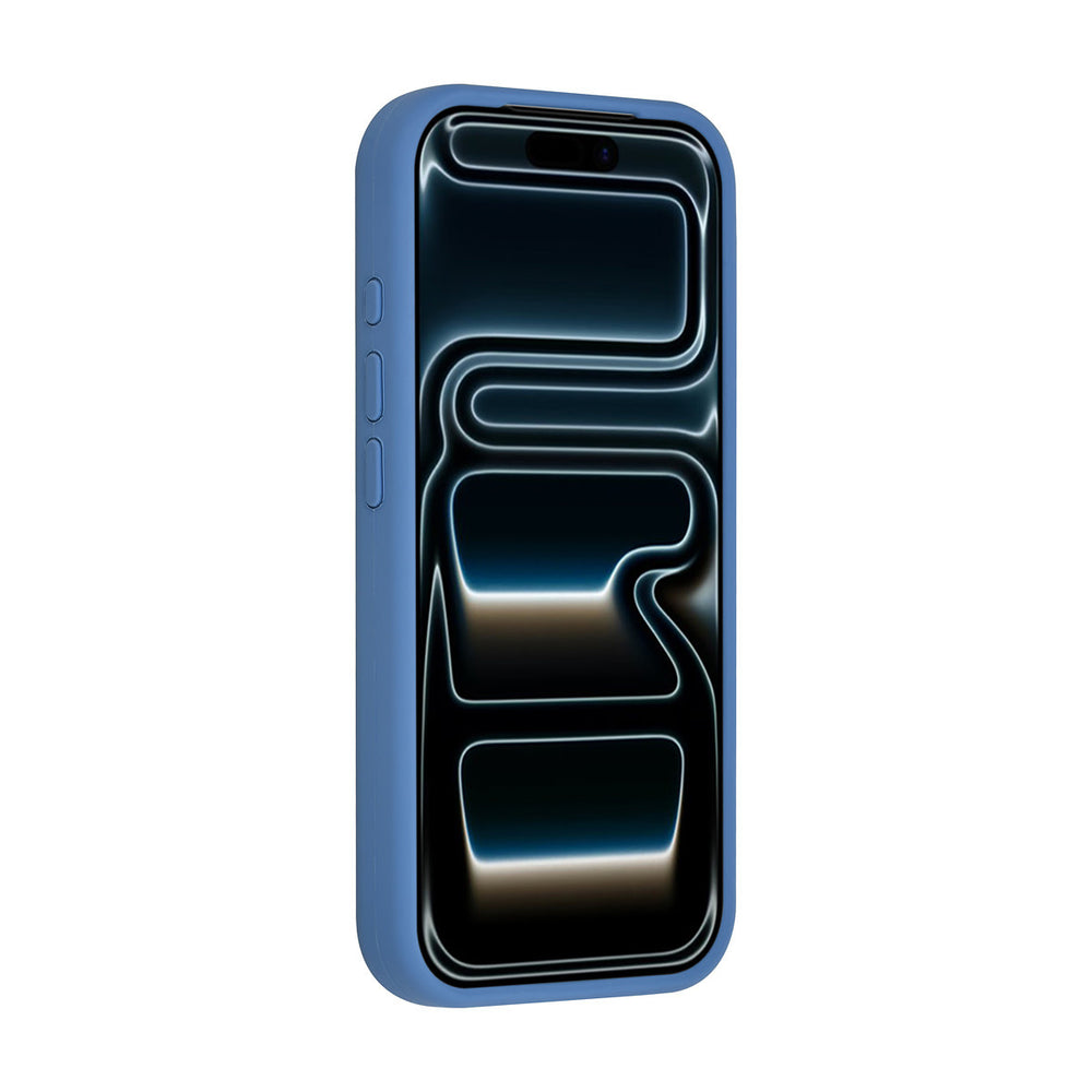 Blauw TUNIQ telefoonhoesje, van voren op een telefoon