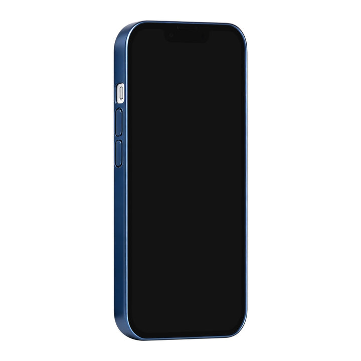 Blauw TUNIQ telefoonhoesje, van voren op een telefoon