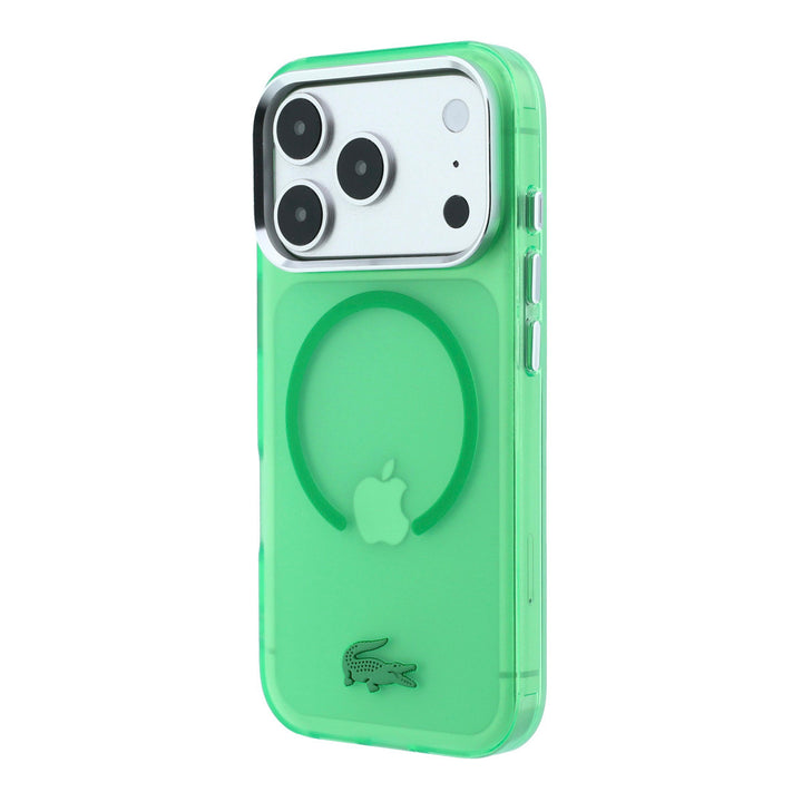 Groen transparant Lacoste telefoonhoesje met ring en krokodillenlogo, schuin van achteren