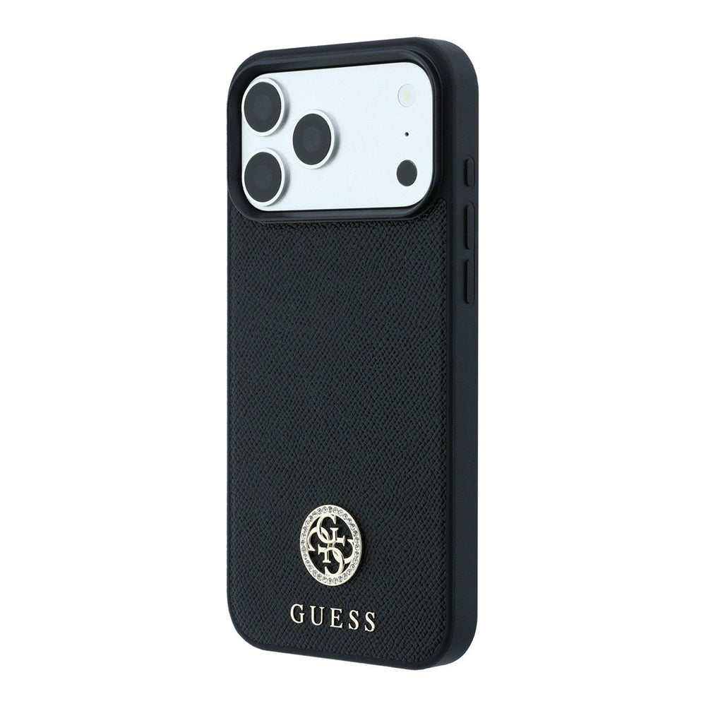 Zwart Guess telefoonhoesje met rond logo, schuin van achteren