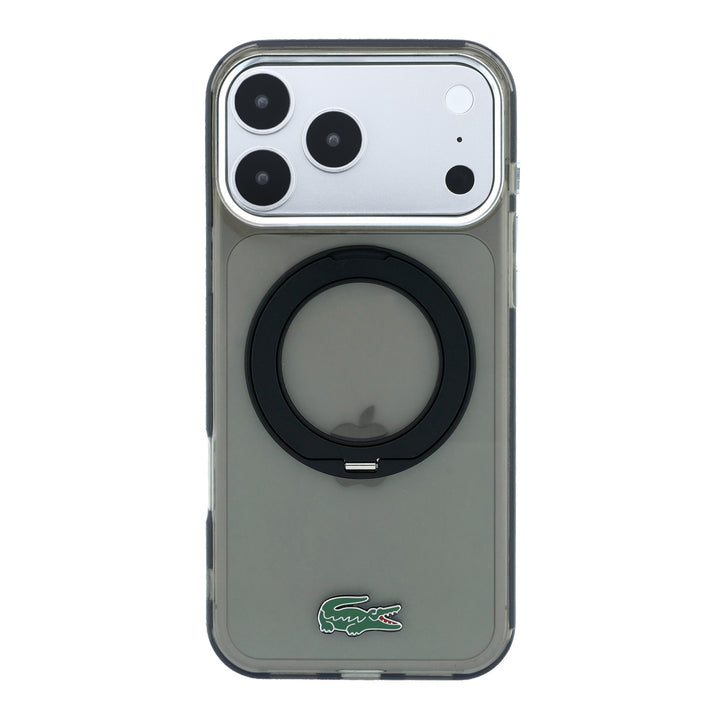 Grijs Lacoste telefoonhoesje met ingeklapte ringstandaard, van achteren