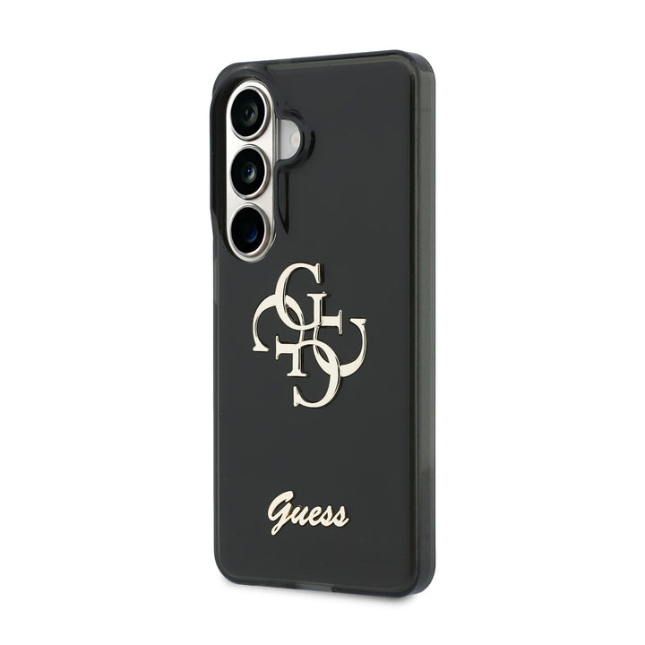 Zwart Guess telefoonhoesje met groot 4G-logo en goudkleurig schriftlogo, schuin van achteren