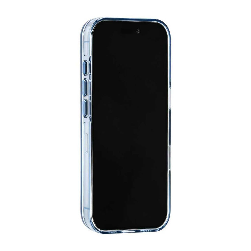 Blauw TUNIQ telefoonhoesje, van voren op een telefoon
