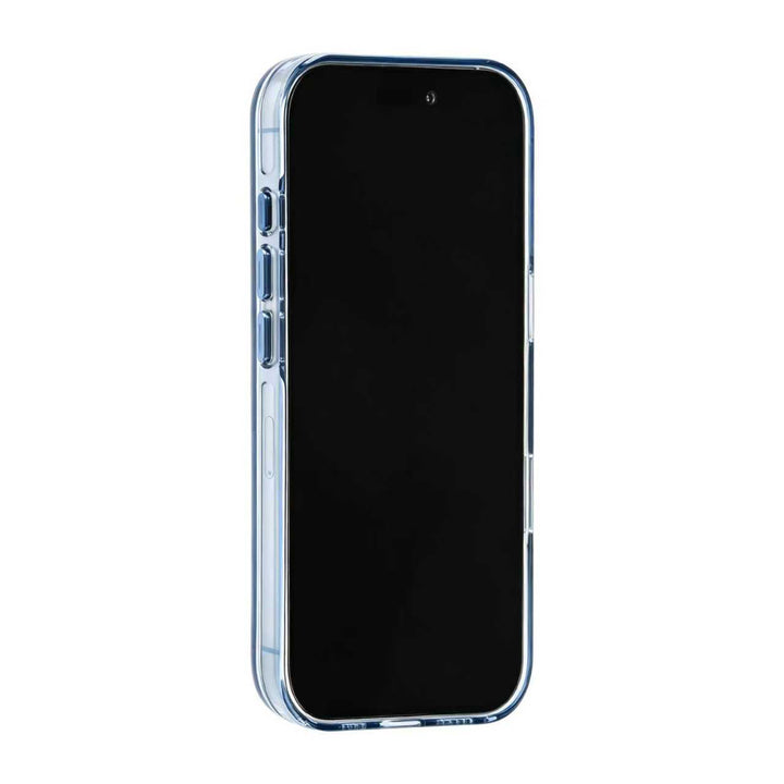 Blauw TUNIQ telefoonhoesje, van voren op een telefoon