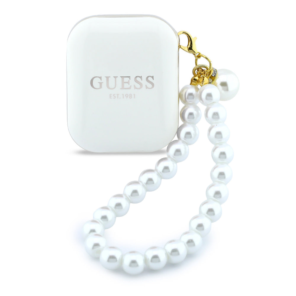 Witte Guess oplaadcase met goudkleurige sluiting en parelkoord