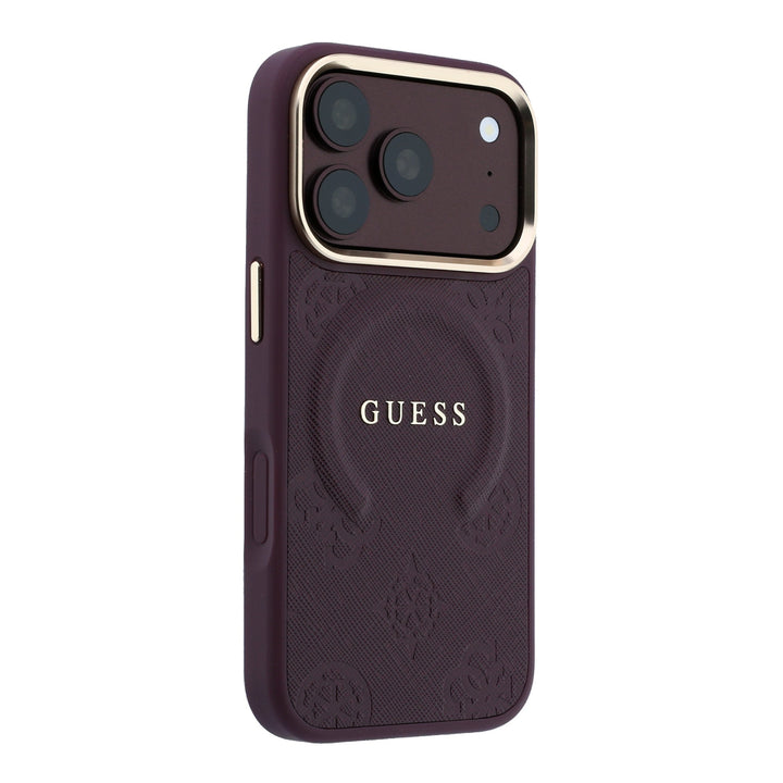 Bordeauxkleurig Guess telefoonhoesje met bloemenpatroon en ringstandaard, schuin van achteren