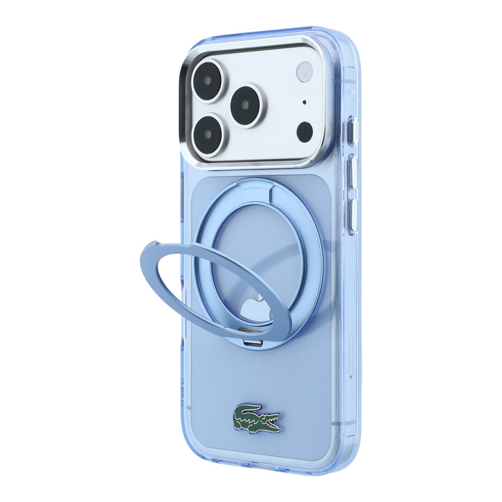 Blauw Lacoste telefoonhoesje met uitgeklapte ringstandaard