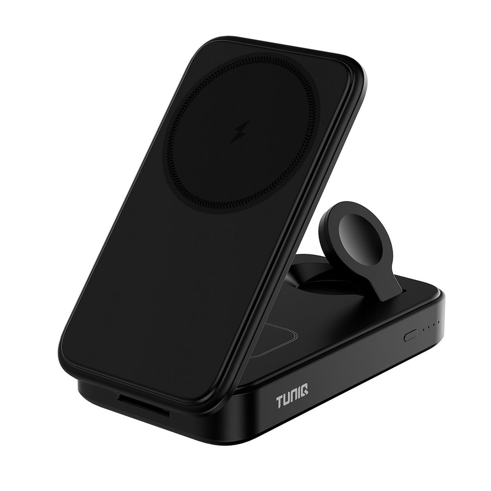 Zwarte TUNIQ powerbank met uitgeklapte telefoonsteun en kleine laadarm