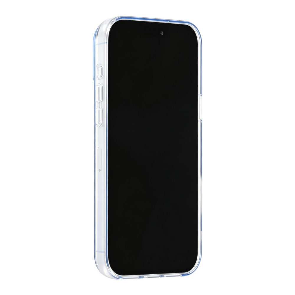 Blauw TUNIQ telefoonhoesje, van voren op een telefoon
