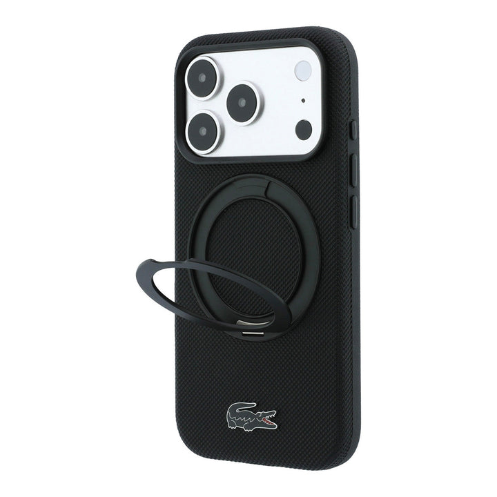 Zwart Lacoste telefoonhoesje met krokodillenlogo met uitgeklapte ringstandaard