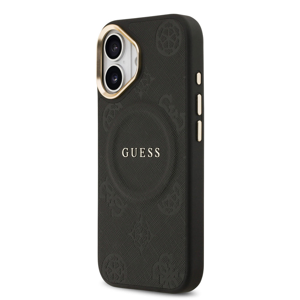 Zwart Guess telefoonhoesje met bloemenpatroon en rond logo, schuin van achteren