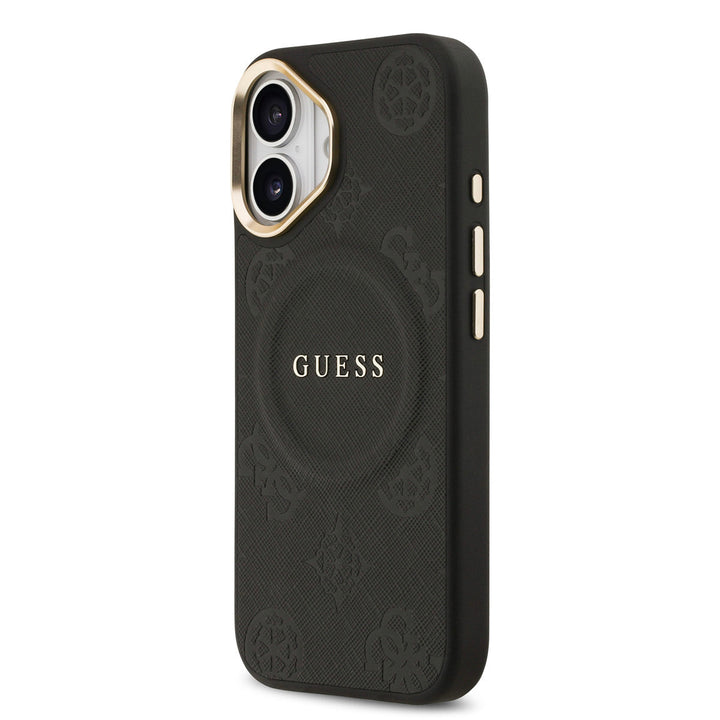 Zwart Guess telefoonhoesje met bloemenpatroon en rond logo, schuin van achteren