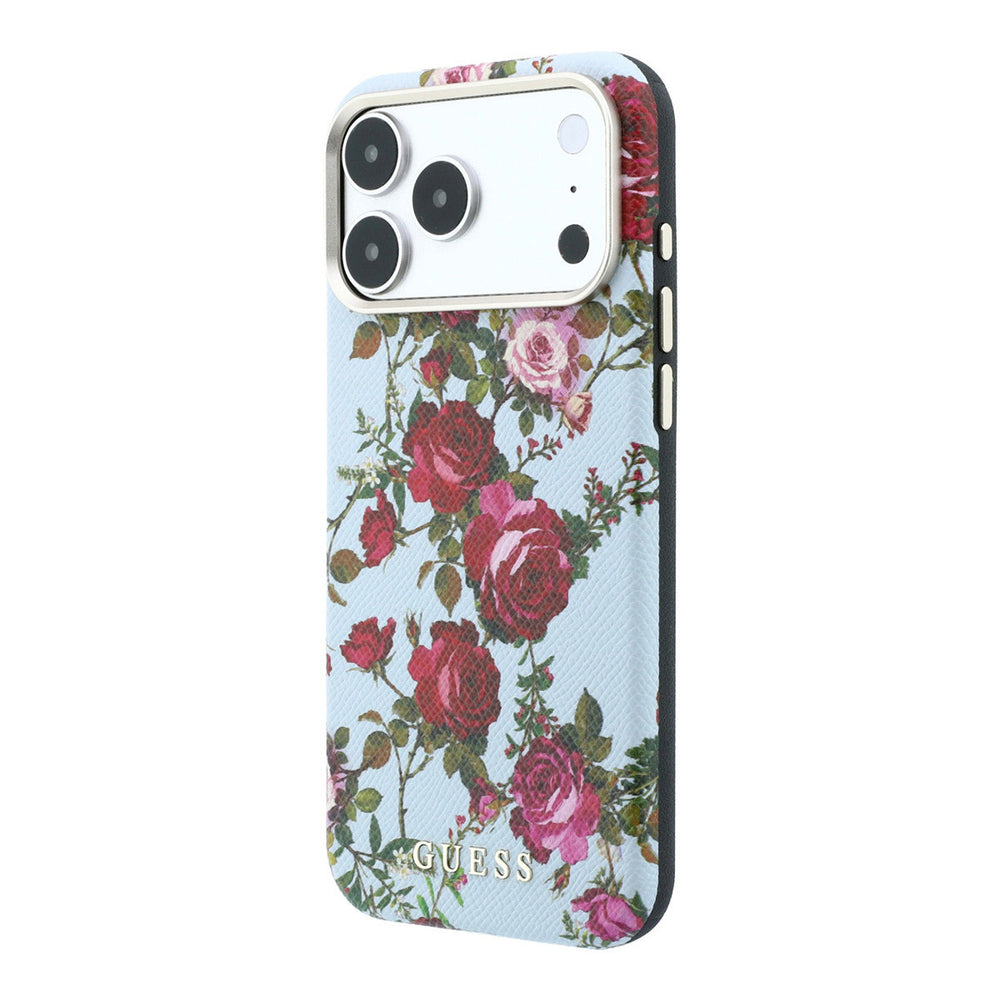 Lichtgekleurd Guess telefoonhoesje met rozenprint, schuin van achteren