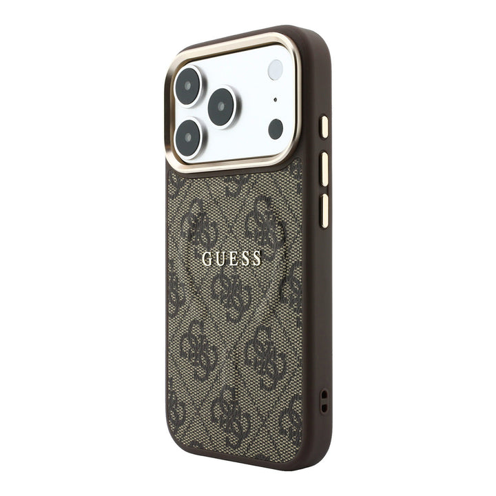 Bruin Guess telefoonhoesje met 4G-patroon en klassiek logo, schuin van achteren