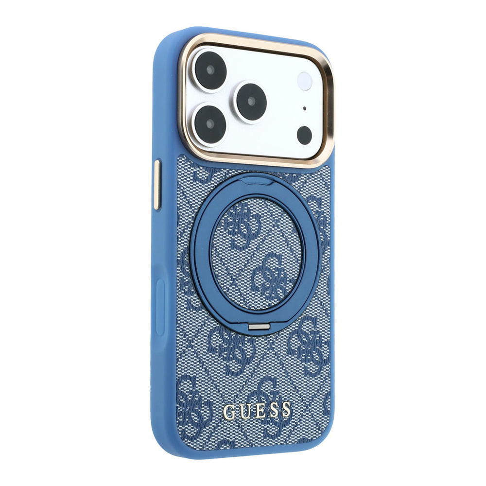 Blauw Guess telefoonhoesje met 4G-patroon met ingeklapte ringstandaard, schuin van achteren