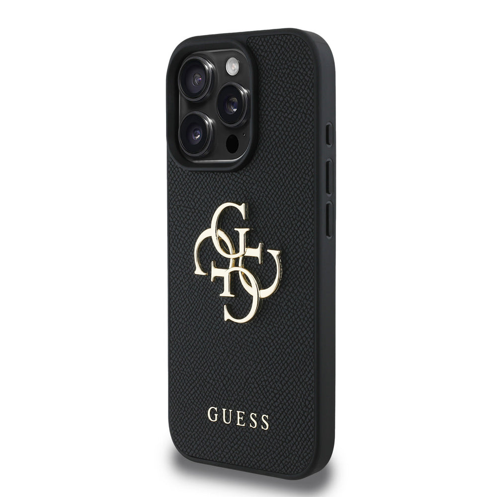 Zwart Guess telefoonhoesje met groot goudkleurig 4G-logo, schuin van achteren