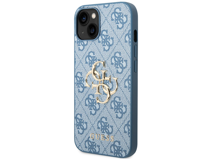 Blauw Guess telefoonhoesje met 4G-patroon en groot goudkleurig logo, schuin van achteren