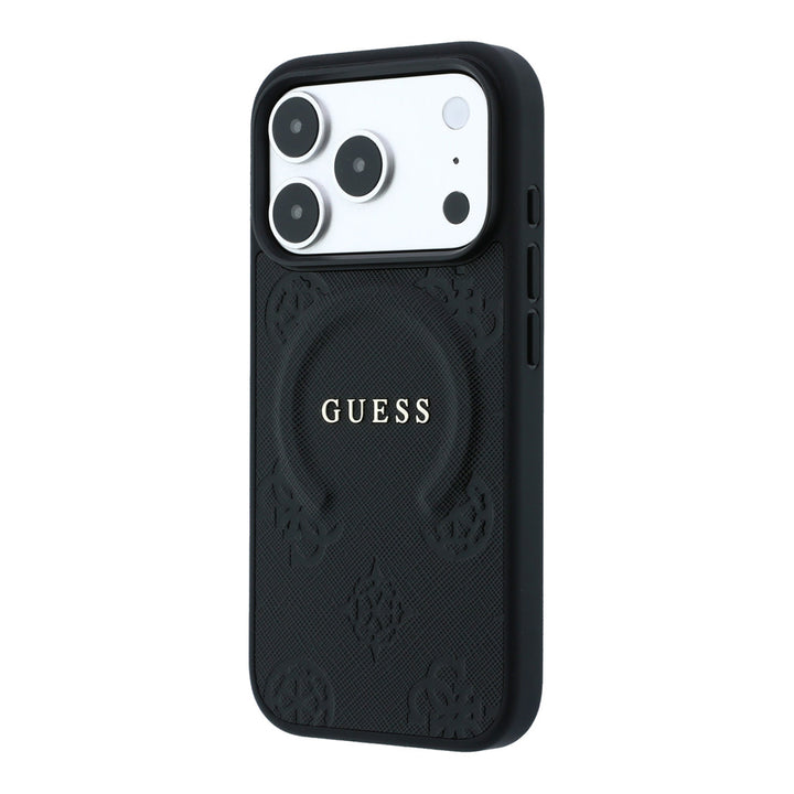 Zwart Guess telefoonhoesje met ingedrukt ringpatroon en schriftlogo, schuin van achteren